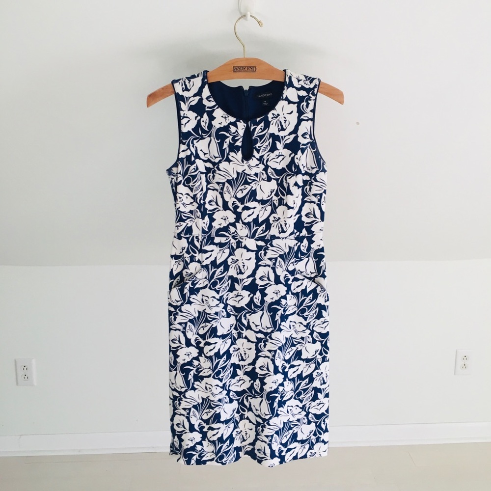 Lands’ End Blue & White Floral Dress W/ Pockets